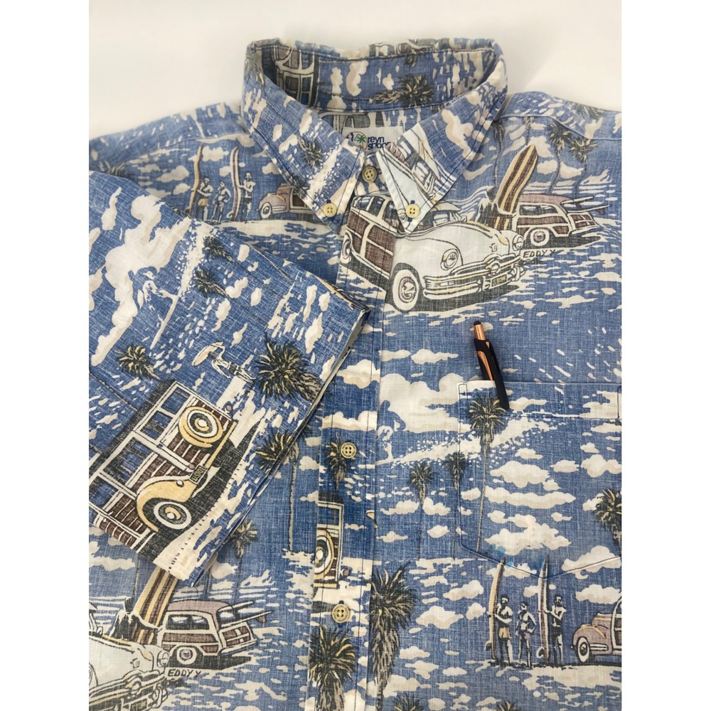 Reyn Spooner Button-Up Shirt Woody & Surfboard Print Short Sleeve Shirt-Size XL